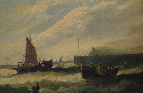 E. Byron, pair of oils on canvas, Fishing boats off the coast, 24 x 34cm. Condition - fair to good, would benefit from a clean